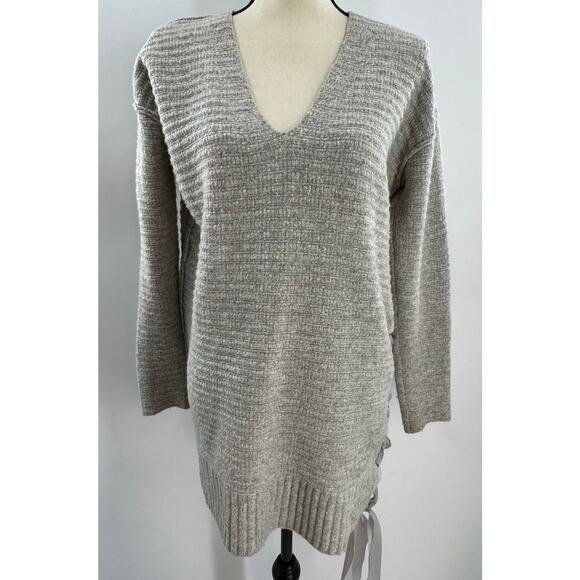 Free People Gray Long Tunic Sweater Knit Top Lace up Side V Neck XS M - Picture 1 of 10